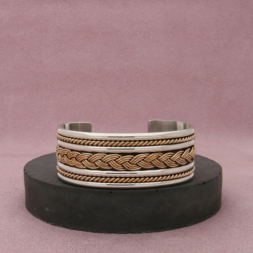 navajo sterling silver & 12k gold filled tahe braided cuff bracelet size 6.25in